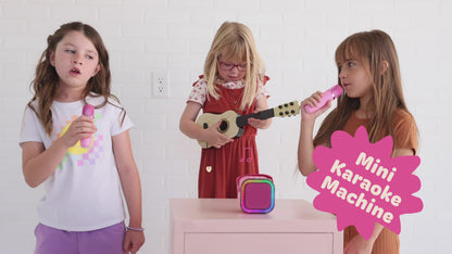 Kids Mini Karaoke Machine featuring 20+ pre-loaded kid songs like Twinkle Twinkle Little Star and Wheels on the Bus. Connects to phone or tablet via Bluetooth for playing songs from Spotify, YouTube, and Apple Music. Portable, durable design perfect for playdates and open mic nights. Includes 4 voice effects and echo mode for quality sound. Rechargeable battery provides up to 6 hours of playtime.